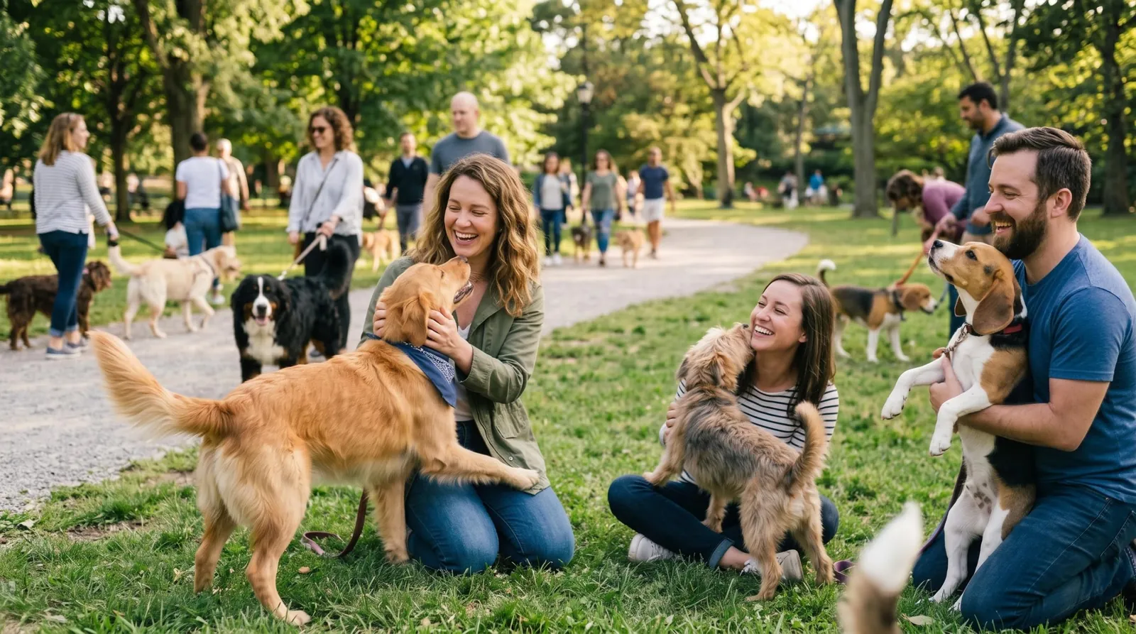 People and their dogs meeting in a park